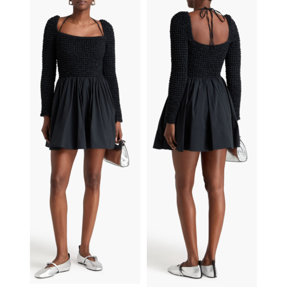 STAUD Cassidy Smocked Long-Sleeve Fit and Flare Mini Dress Black Women's Large